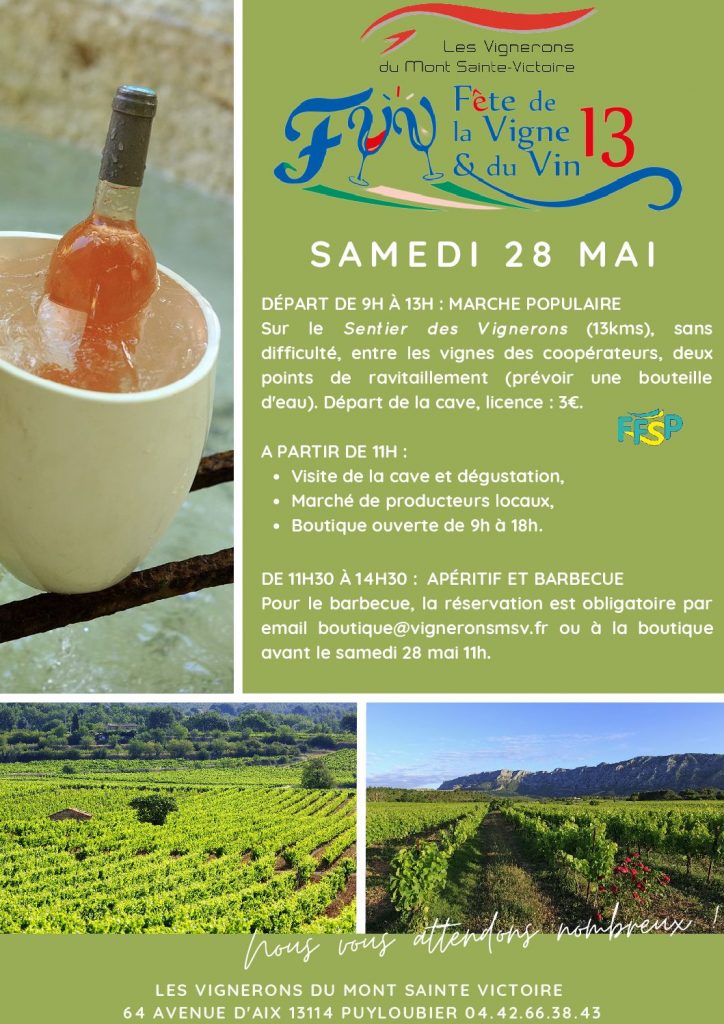 Au programme: Marche populaire sur le sentier des vignerons, visite de la cave, dégustation, marché de producteurs, apéritif et barbecue... Nous vous attendons nombreux!